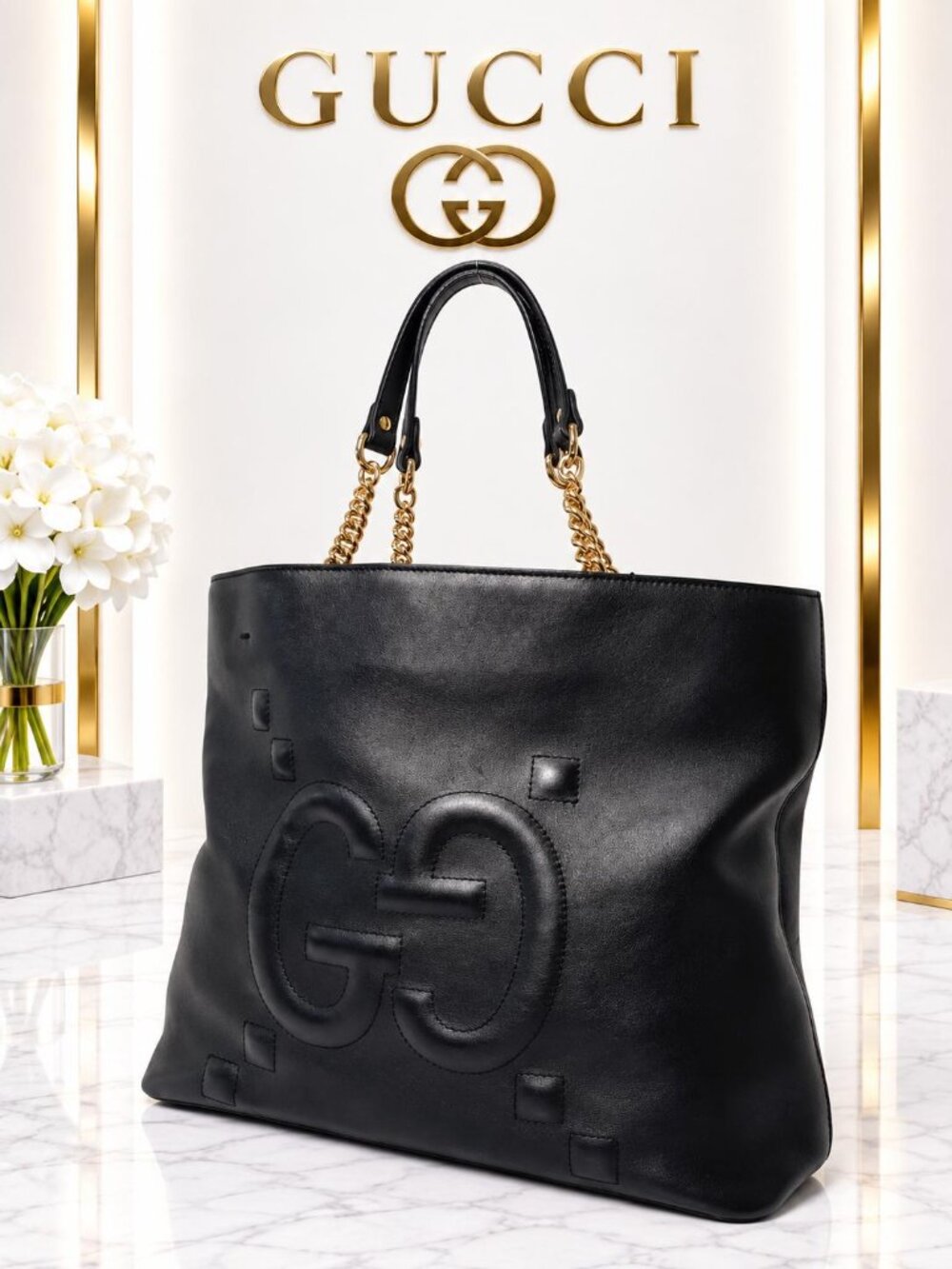 Authentic Gucci Black Leather GG Logo Chain Tote Shoulder Bag Gold Hardware